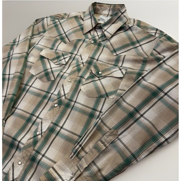 Wrangler Other - Wrangler Rodeo Wrancher Tan Green Plaid Shirt Pearl Snaps Long Sleeves Cotton  L